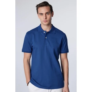 Erkek Slim Fit Dar Kesim %100 Pamuk Düz Pike Indigo Polo Yaka Tişört