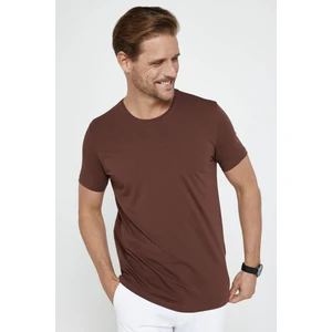 Erkek Slim Fit Dar Kesim Pamuklu Yumuşak Dokulu Esnek Kumaş Düz Basic Kahverengi Bisiklet Yaka Tişört
