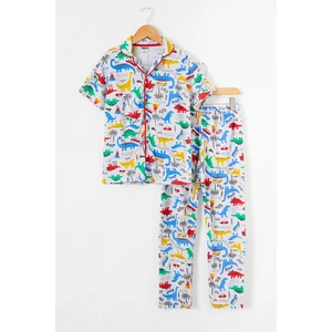 Pija Kids Gri Dinozor Baskılı Düğmeli Erkek Çocuk Kısa Kol Pijama Takımı 18691