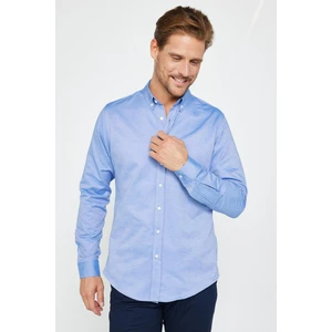 Erkek Slim Fit Dar Kesim Uzun Kollu Pamuklu Oxford Doku Kolay Ütü Mavi Düğmeli Yaka Gömlek
