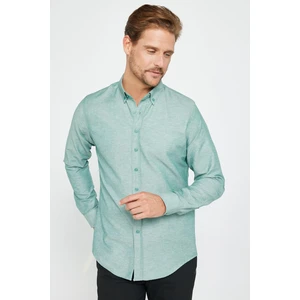 Slim Fit Uzun Kollu Dar Kesim Düğmeli Yaka Pamuklu Düz Oxford Yeşil Erkek Gömlek