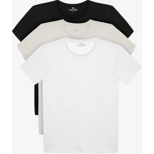 Unisex 3'lü Paket Siyah-Beyaz-Taş Rengi Slim Fit Dar Kesim %100 Pamuk Bisiklet Yaka Tişört