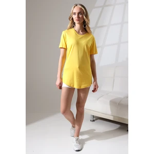 Eteği Oval Salaş Pamuklu Penye Kompakt T-Shirt 21733 Sarı