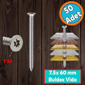 Buldex Vida 7.5X60 mm 50 Adet Sivri Uçlu Dübelsiz Beton Vidası Tork Duvar Vidası Buldeks