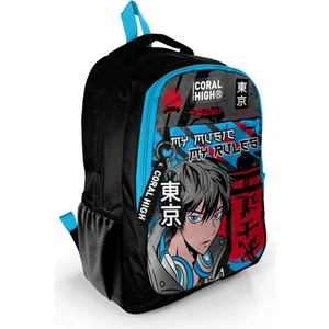 Coral High Kids Siyah Mavi Anime Desenli Üç Bölmeli Okul Sırt Çantası 23666