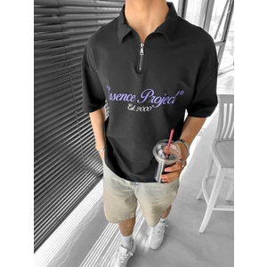 Abluka Online Oversize Fermuarlı Polo Yaka Baskılı T-Shirt Siyah