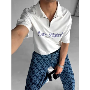 Abluka Online Oversize Fermuarlı Polo Yaka Baskılı T-Shirt Beyaz