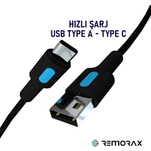 Coral Hızlı Şarj Usb Type A  Type-C 120 Cm 3.0a Siyah Kablo  Mavi-Siyah Uçlar