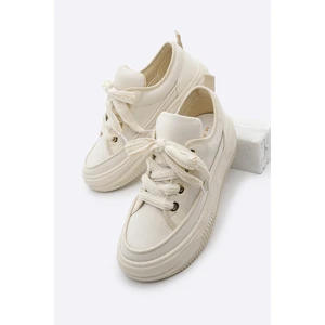 Kadın Yüksek Taban Sneaker Keten Kumaş Bağcıklı Spor Ayakkabı Hesna