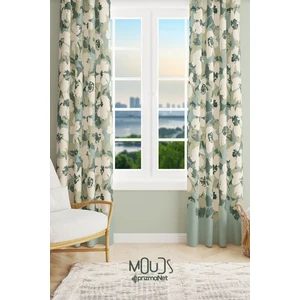Green Flower 1 Desenli Süet Oturma Odası Salon Fon Perde Baskılı Ekstrafor Büzgü 2 Kanat PRD-1037