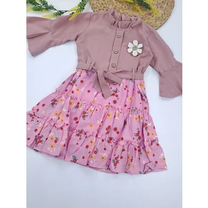 Bonboner Kids Kız Çocuk Elbise Çiçek Baskı Detaylı Fiyonklu Göğüs Çiçek Armalı Sarı Pembe Renk Seçenekleri