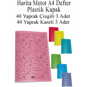 Defter Plastik Kapak A4 40 Yaprak Çizgili 3 Adet ve 40 Yaprak Kareli 3 Adet Harita Metod Defter