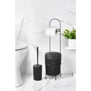Kovalı Tuvalet Kağıtlığı, Çöp Kovalı Tuvalet Kağıdı Askısı ve Tuvalet Fırça Seti, Banyo Çöp Kovası ve Wc Fırça Seti (Siyah)