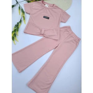 Bonboner Kids Kız Çocuk Crop Ikili Takım Fitilli Kumaş Amblemli Yazlık Mor Pembe Renk Seçenekleri