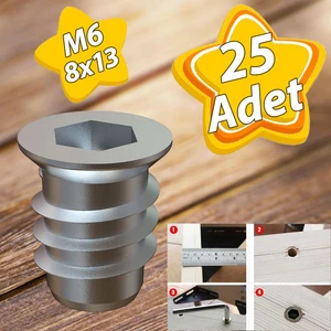 Metal Düz Dişli Dübel Ahşap Dübeli M6 8X13 Diş Çinko Mobilya Bağlantı Ünite Birleştirme (25 Adet)