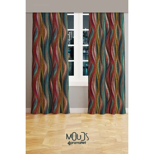 Renkli Çizgili Halı Desenli Süet Oturma Odası Salon Fon Perde Ekstrafor Büzgü 2 Kanat PRD-1010