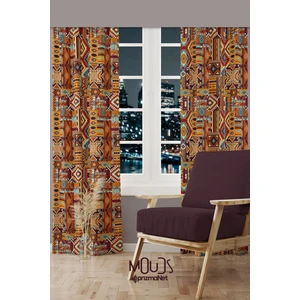 Ethnic Rugs Desenli Süet Oturma Odası Salon Fon Perde Baskılı Ekstrafor Büzgü 2 Kanat PRD-1019