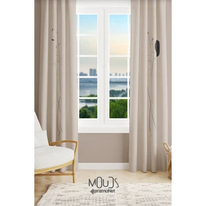 Bej Minimal Çiçek Desenli Süet Oturma Odası Salon Fon Perde Baskılı Ekstrafor Büzgü 2 Kanat PRD-1058