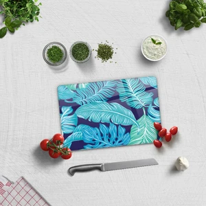 DecoritaMavi Tropik Yapraklar | Cam Kesme Tahtası - Cam Kesme Tablası | 20cm x 30cm