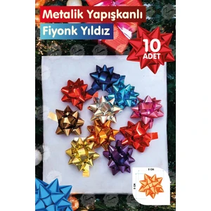 Tuğset Etiket Hediye Paketi Süsleri 10ADET Rengarenk Metalik Yapışkanlı Fiyonk Yıldız Süs Paket Süsleme Çek YILDIZ-T981