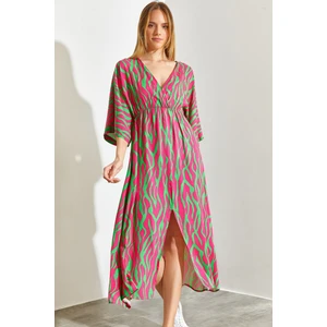 Kadın Kruvaze Yaka Desenli Kloş Elbise