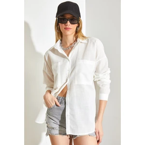Kadın Çift Cepli Oversize Keten Gömlek