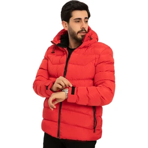 Erkek Kırmızı Kapüşonlu Içi Polarlı Su ve Rüzgara Dayanıklı Şişme Mont