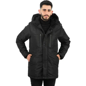 Erkek Siyah Içi Polarlı Su ve Rüzgar Geçirmez Kapüşonlu Mont