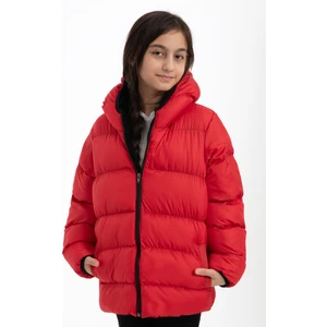 Kız Çocuk Kırmızı Içi Polarlı Kapüşonlu Su ve Rüzgara Dayanıklı Cepli Şişme Mont