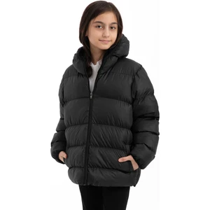 Kız Çocuk Siyah Kapüşonlu Su ve Rüzgar Geçirmez Fleece İçlikli Şişme Mont