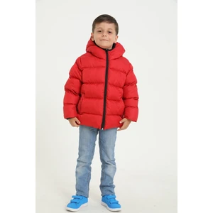 Erkek Çocuk Kırmızı Içi Polarlı Kapüşonlu Su ve Rüzgara Dayanıklı Cepli Şişme Mont