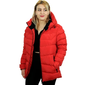 Kadın Kırmızı Kapüşonlu Içi Polarlı Su ve Rüzgara Dayanıklı Şişme Mont