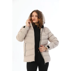 Kadın Kapüşonlu Su ve Rüzgar Geçirmez Taş Içi Polarlı Şişme Mont Bej Renk