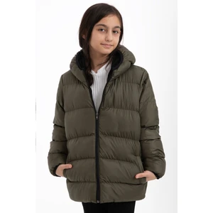 Kız Çocuk Haki Renkli Kapüşonlu Su ve Rüzgar Geçirmez Şişme Mont