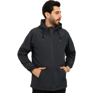 Erkek Lacivert Içi Astarlı Kanguru Cepli Su ve Rüzgar Geçirmez Kapüşonlu Cepli Yağmurluk