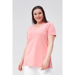 Sea Moda Büyük Beden V Yaka Yırtmaçlı Pamuk Basic Tshirt-Mercan