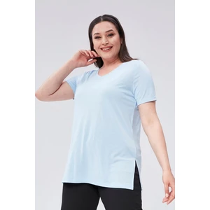 Sea Moda Büyük Beden V Yaka Yırtmaçlı Pamuk Basic Tshirt-Mavi