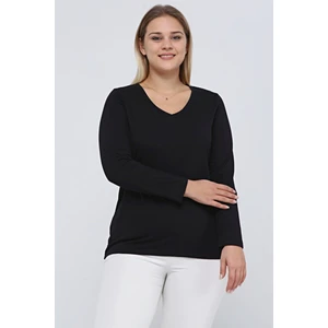 Sea Moda V Yaka Büyük Beden Uzun Kol Tshirt-Siyah