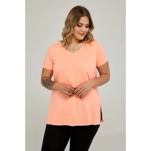 Sea Moda V Yaka Yırtmaçlı Basic Tshirt-Neon Oranj