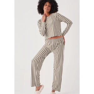 Çizgili Uzun Kollu Pijama Takım - Yeşil