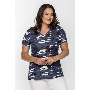 Sea Moda V Yaka Kamuflaj Desen Basic Tshirt-Mavi