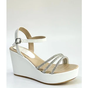 BA04099 Beyaz Kadın Üç Taşlı Abiye Günlük Dolgu Topuklu Ayakkabı - Beyaz - 39