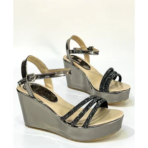 BA04099 Platin Kadın Üç Taşlı Abiye Günlük Dolgu Topuklu Ayakkabı - Platın - 37