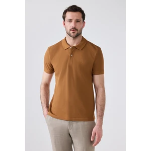 D'S Damat Regular Fit Tütün Pike Dokulu %100 Pamuk Kıvrılmaz Polo Yaka Nakışlı T-Shirt 4HC14ORT51000