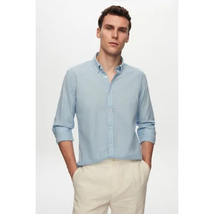 D'S Damat Slim Fit Mavi Düğmeli Yaka %100 Pamuk Yazlık Flamlı Keten Görünümlü Gömlek 6HC02ORT63265