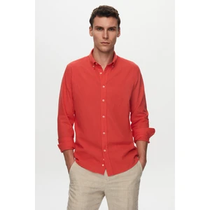 D'S Damat Slim Fit Nar Çiçeği Düğmeli Yaka %100 Pamuk Yazlık Flamlı Keten Görünümlü Gömlek 6HC02ORT63265