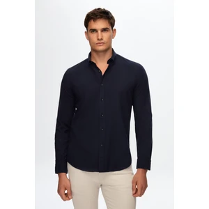 D'S Damat Slim Fit Lacivert Düğmeli Yaka %100 Pamuk Yazlık Flamlı Keten Görünümlü Gömlek 6HC02ORT63265