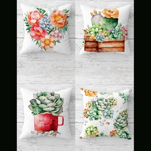 Sukulent Kaktüs Desenli Gizli Fermuarlı Kırlent Kılıfı Koltuk Yastık Kılıfı TAKIM(4ADET)