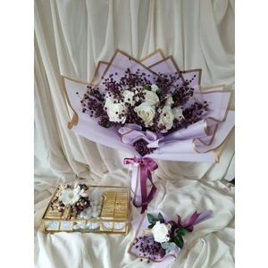 Destina Tasarım Yapay Söz Çiçeği ve Cam Kutuda Çikolata Seti