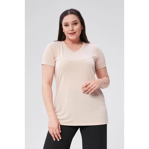 Sea Moda Büyük Beden V Yaka Yırtmaçlı Pamuk Basic Tshirt-Bej